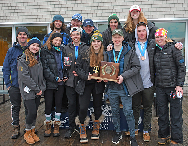 The Harwood Union boys’ alpine team placed first at the state meet held at the Middlebury Snow Bowl on March 6 and 7. The girls’ team placed 10th overall. Back row: Eli Moskowitz, Ian Groom, Connor Woolley, Emmanuel L’Afficher, Jascha Herhily, Matt Groom (parent), Laili Iskandarova, Bo Rubenstein, Rex Rubenstein, Piper Beilke, Austin Taylor, Noah Williams and Katie Westhelle. Photo: John Williams