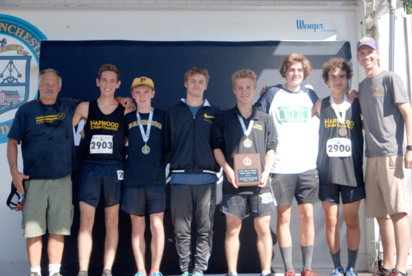 Harwood boys finished third out of thirty-eight teams at the NESSC. L-R: Coach John Kerrigan, Walker Caffry Randall, Brendan Magill, Seth Beard, Anthony Palmerio, Jesse Bisbee, Daniel Bevacqui, and Coach Andrew Reid. Photo: Laura Caffry.