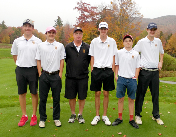The Harwood Union boys’ golf team, from left to right, Ian Groom, Aidan Melville, coach Brian McCarthy, Ivan Morse, Brian Gilhuly and Nate Honeywell, won Vermont’s Division II State Championship at Green Mountain National Golf Course in Killington on Wednesday, October 11. Photo courtesy of Brian McCarthy.