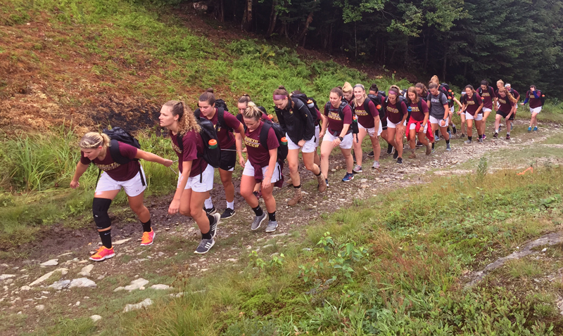 Norwich University women’s soccer team hiking Mad River Glen. Photo: Heather Faasse