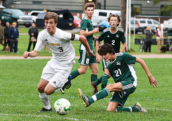 Harwood's Will Lapointe scored in the first 13 minutes of a game against Montpelier. The Highlanders went on to defeat Montpelier 5-0. Photo: Gordon Miller