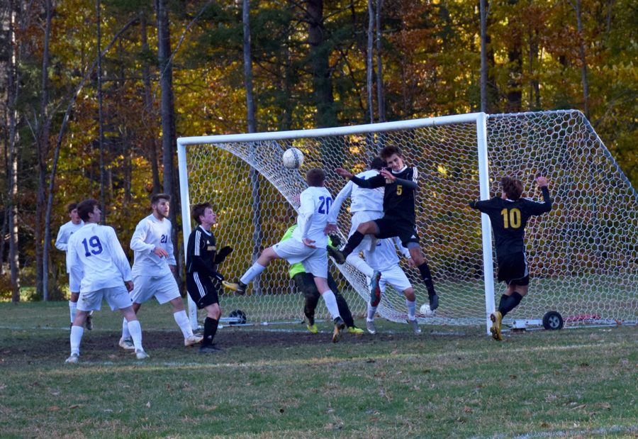 Activity in front of the Lake Region goal during the second half, Harwood held on to win 2-0 and advances to the finals on Saturday in South Burlington. Photo: Jeff Knight