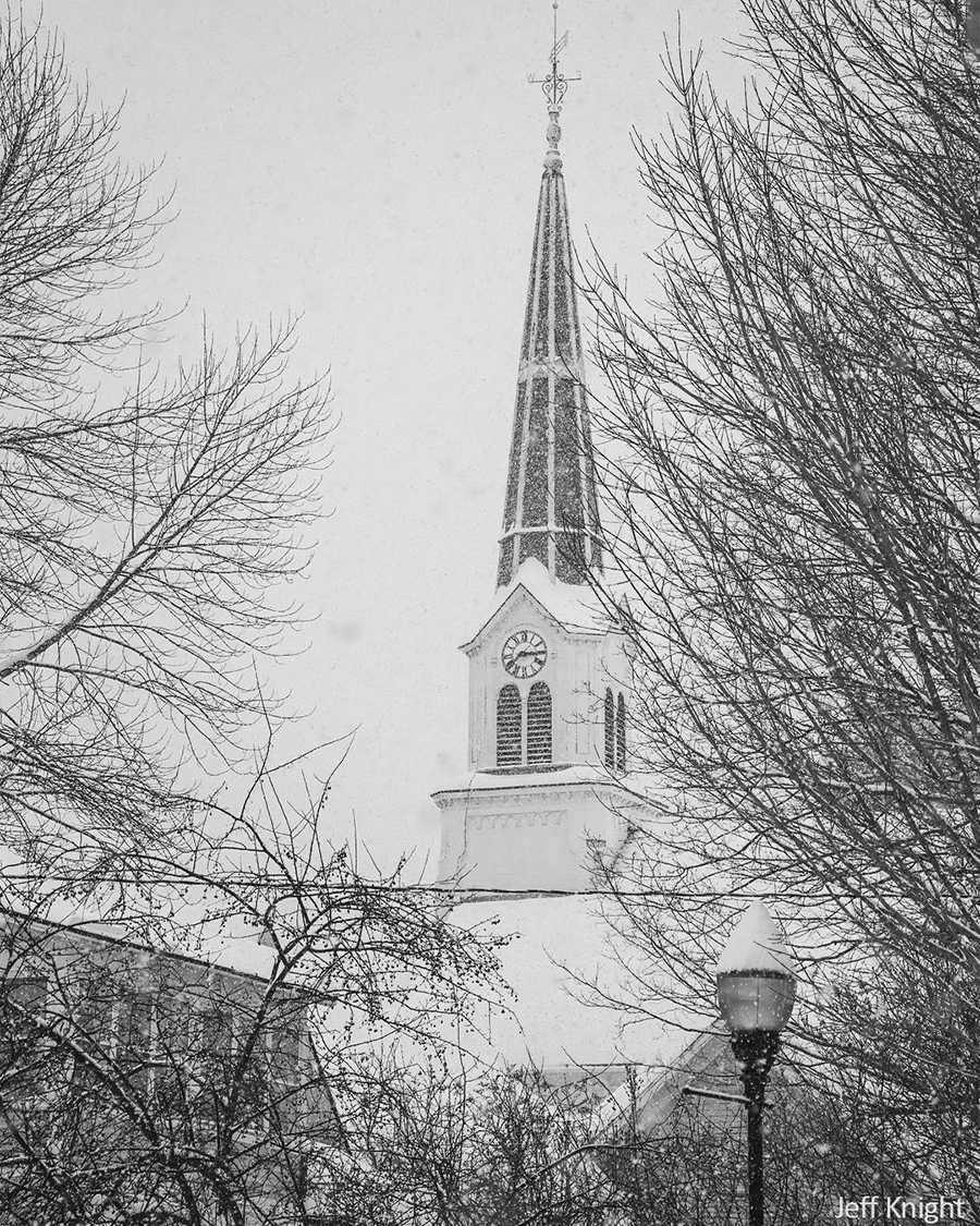 Church steeple in Waitsfield during storm Harper. Photo: Jeff Knight