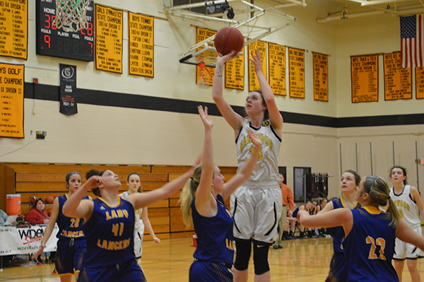 Mia Cooper shoots a hoop for Harwood Union 