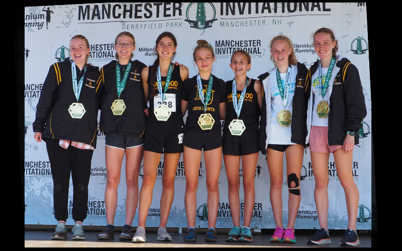 The Harwood girls’ cross-country team placed fifth at the New Englands which took place on November 13 at Thetford Academy.  From left to right: Caelyn McDonough, Britta Zetterstrom, Elisa Clerici, Charlie Flint, Celia Wing, Julia Thurston and Ava Thurston.