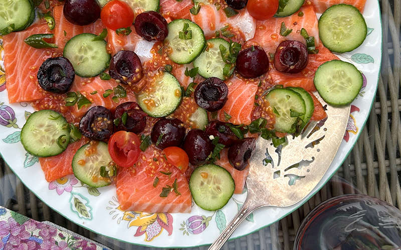 Salmon crudo with cherries and tomatoes