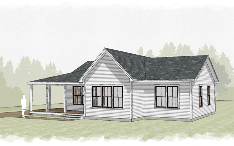 An illustration of a three-bedroom, one-bath, 1,200-square-foot Huntington Homes product which is similar to what Downstreet will use for its five single- family homes at Mad River Meadows in Waitsfield.