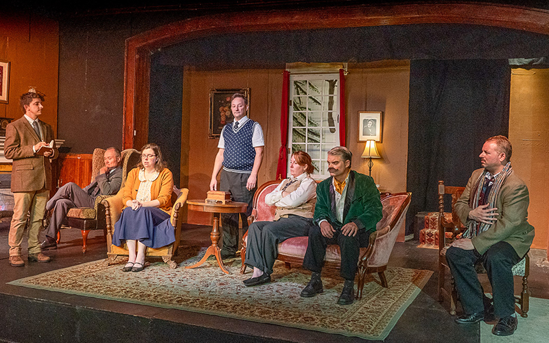 Sgt. Trotter (Ray Merrill, left) interrogates the cast of “The Mousetrap” at the Valley Players Theater in Waitsfield, weekends October 4-20. Photo by Wayne Fawbush.