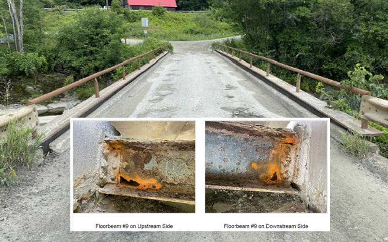 Inset showing just a sample of the rusted beams of the Meadow Road Bridge in Waitsfield.