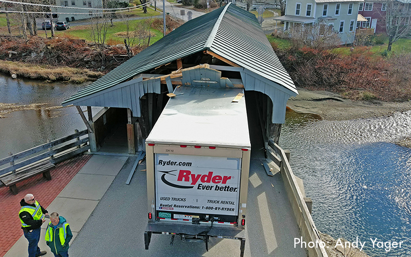 Drone photo from Andy Yager of Ryder truck that damaged the Waitsfield Covered Bridge.