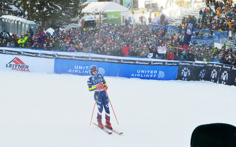 Mikaela Shiffrin in the finish after winning the first run at Killington. Photo: Dylan Frazer