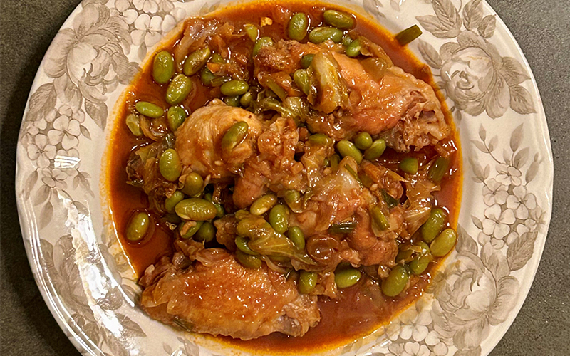 Gochujang braised wings, cabbage, and edamame