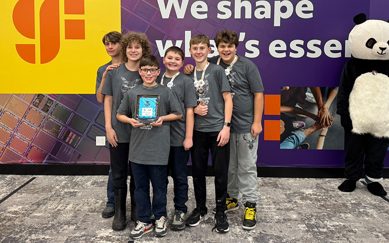 The Moretown Elementary LEGO Robotics Team medals in the Vermont Lego League Championships in Essex Junction. (L to R): Ezra Kessler, William Coon, Anders Yunghans, Logan Liptak, Mason Henchen, Aiden Lavanway