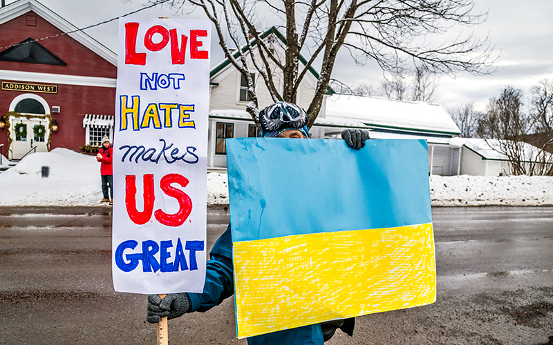 Ukrainian flags and colors were on full display at the Indivisible Mad River Valley's protest on Saturday, March 1. Photo: David Garten 